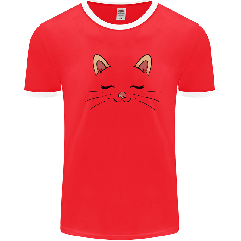 Cute Cat Face Mens Ringer T-Shirt Red/White