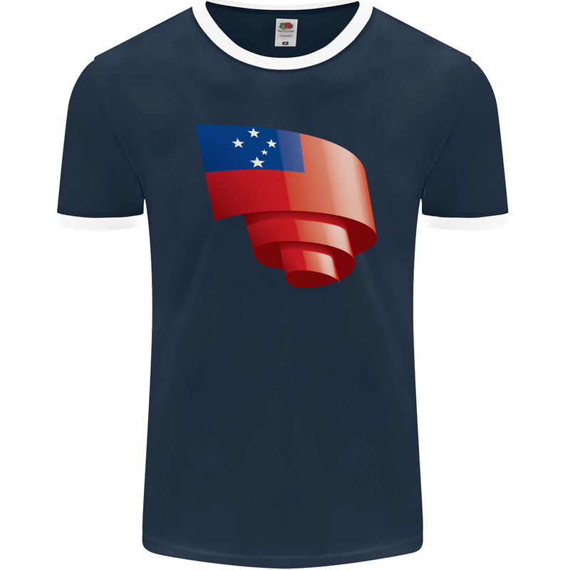 Curled Samoa Flag Samoan Day Football Mens Ringer T-Shirt FotL Navy Blue/White