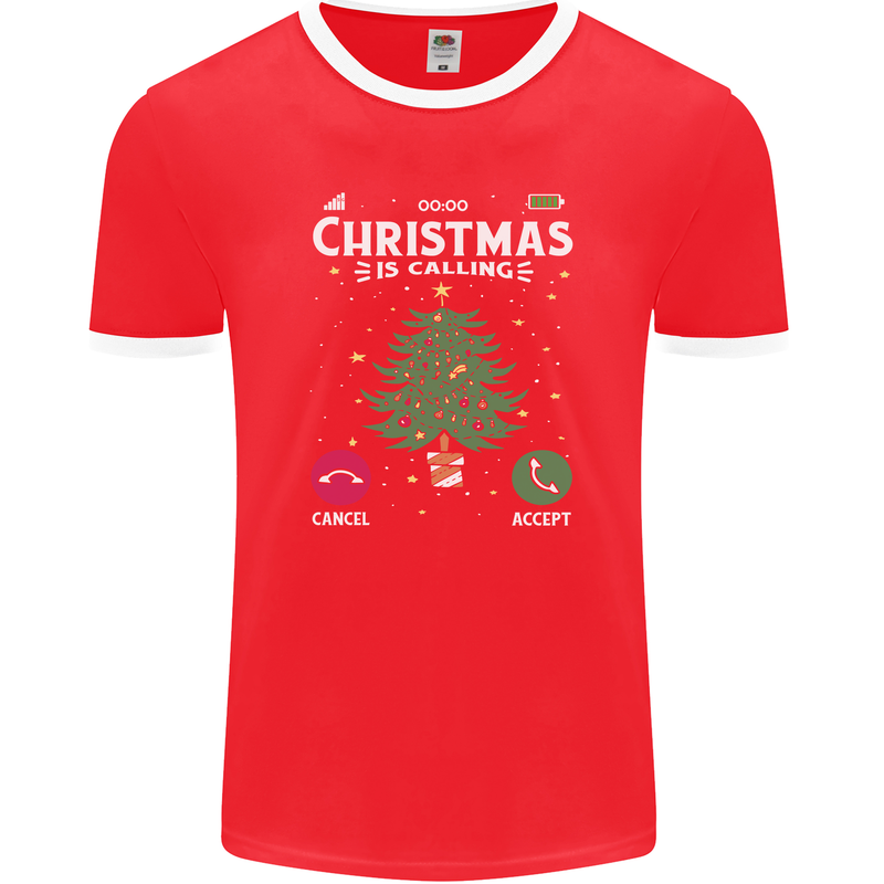 Christmas Is Calling Funny Xmas Phone Mens Ringer T-Shirt FotL Red/White