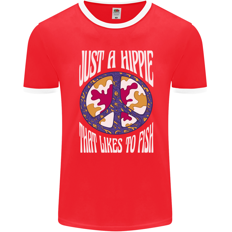 Just a Hippy That Likes to Fish Fishing Fisherman Mens Ringer T-Shirt FotL Red/White