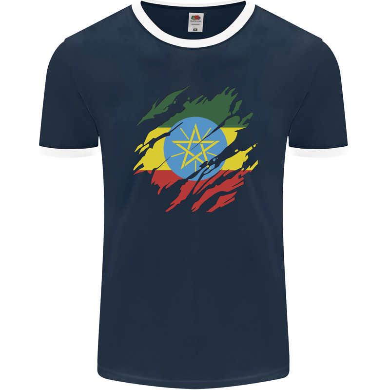 Torn Ethiopia Flag Ethiopian Day Football Mens Ringer T-Shirt FotL Navy Blue/White