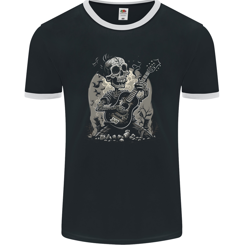 Old Rocker Guitar Player Skull Rock n Roll Music Mens Ringer T-Shirt FotL Black/White