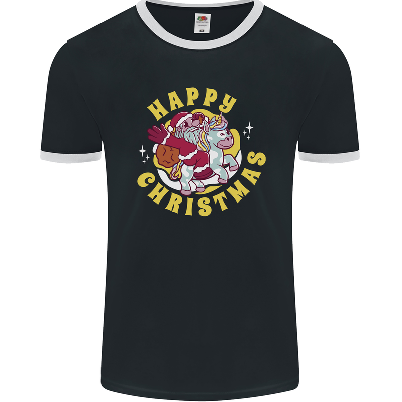 Santa On a Unicorn Funny Christmas Xmas Mens Ringer T-Shirt FotL Black/White