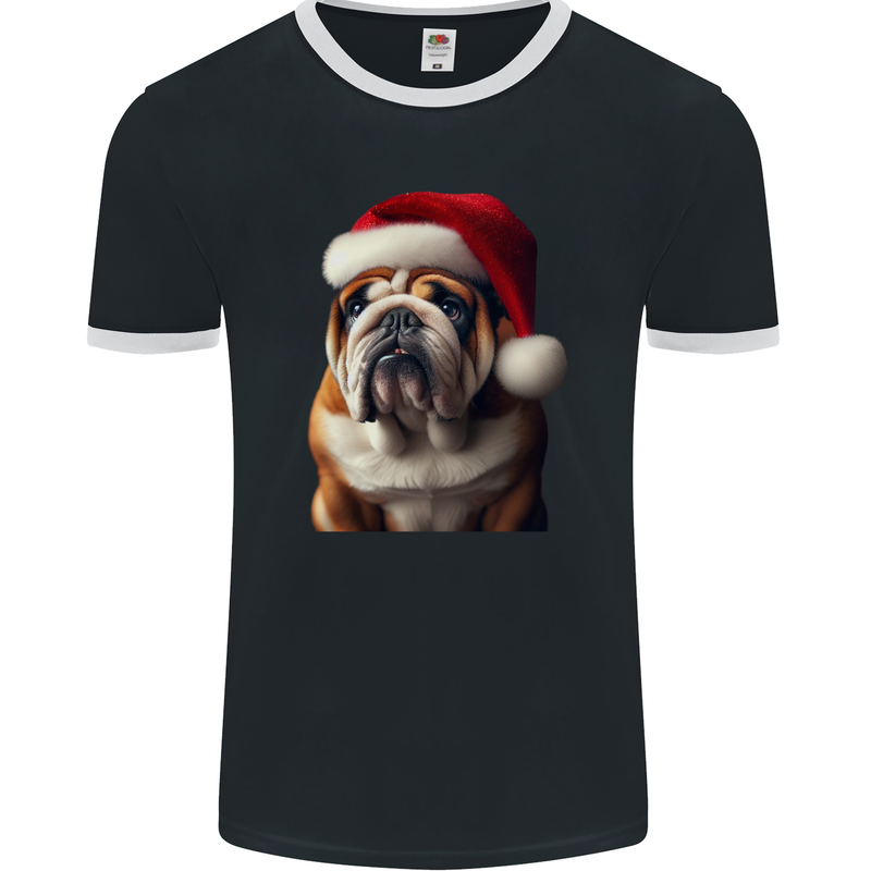 Christmas British Bulldog Union Jack Xmas Dog Mens Ringer T-Shirt FotL Black/White