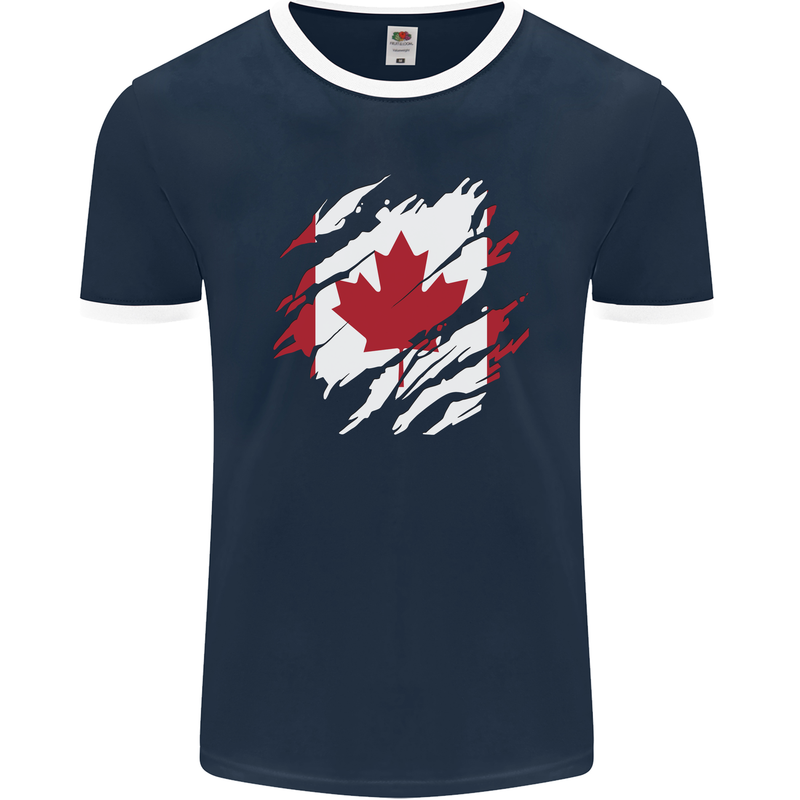 Torn Canada Flag Canadian Day Football Mens Ringer T-Shirt FotL Navy Blue/White