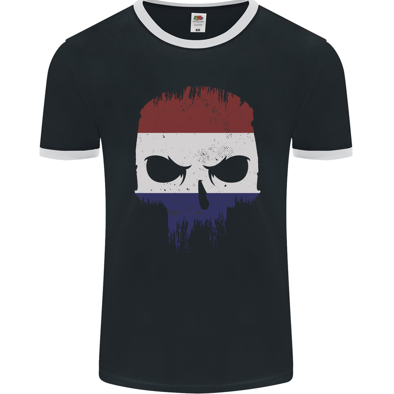 Dutch Skull Holland Gym Flag Biker Mens Ringer T-Shirt FotL Black/White