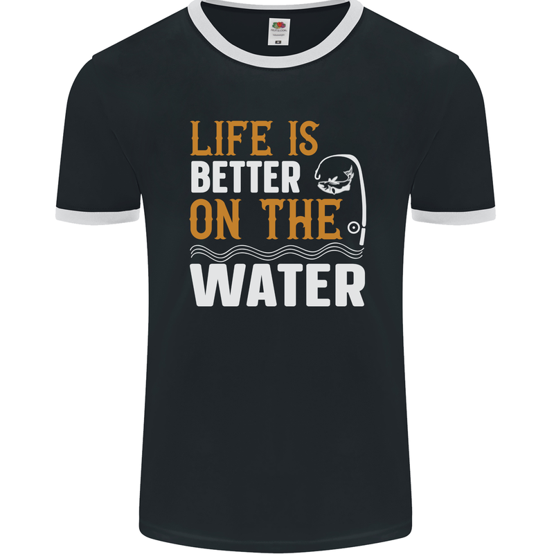 Life is Better on the Water Funny Fishing Mens Ringer T-Shirt FotL Black/White