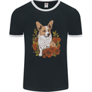 Corgi Dog With Flowers Mens Ringer T-Shirt FotL Black/White