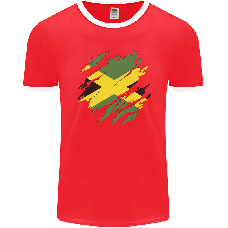 Torn Jamaican Flag Jamaica Day Football Mens Ringer T-Shirt FotL Red/White