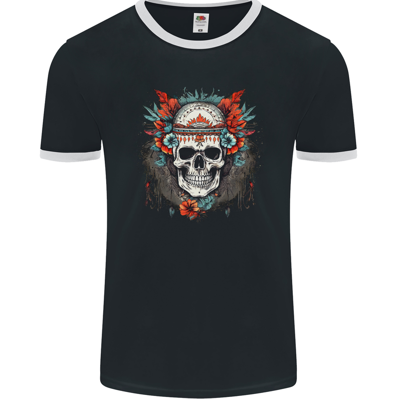 A Bohemian Style Tribal Skull Mens Ringer T-Shirt FotL Black/White