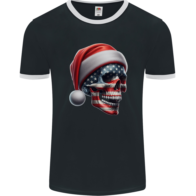 USA Christmas Skull Xmas American Flag Biker Mens Ringer T-Shirt FotL Black/White