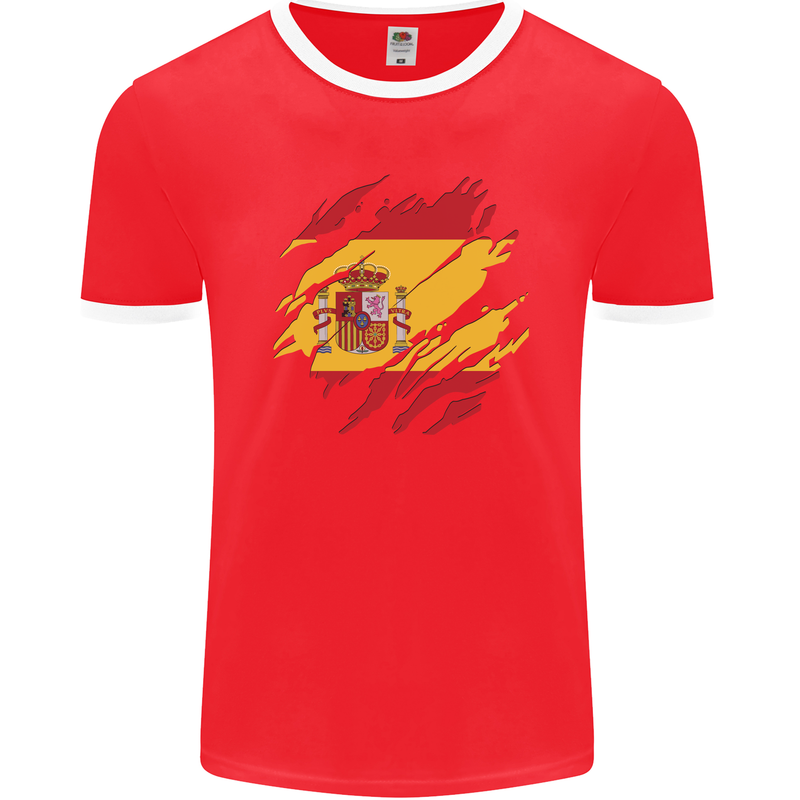 Torn Spain Flag Spanish Day Football Mens Ringer T-Shirt FotL Red/White