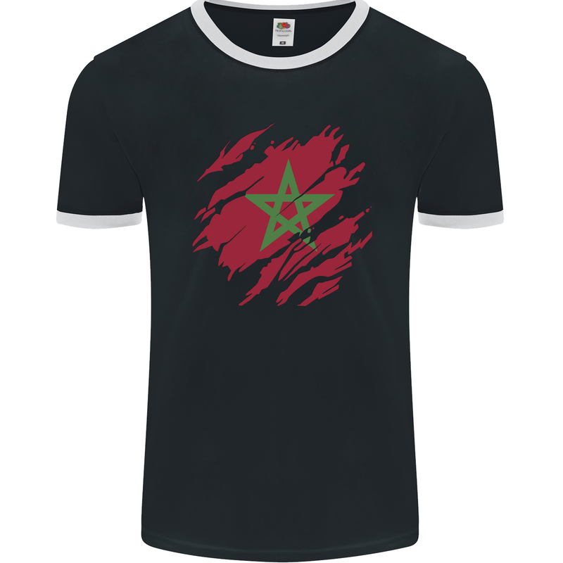 Torn Morocco Flag Moroccan Day Football Mens Ringer T-Shirt FotL Black/White