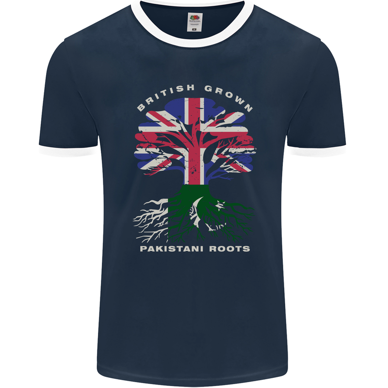 British Grown Pakistan Roots Flag Mens Ringer T-Shirt FotL Navy Blue/White