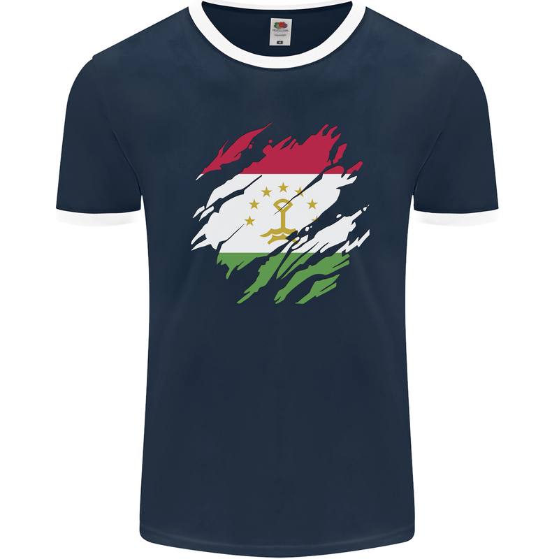 Torn Tajikistan Flag Tajik Day Football Mens Ringer T-Shirt FotL Navy Blue/White