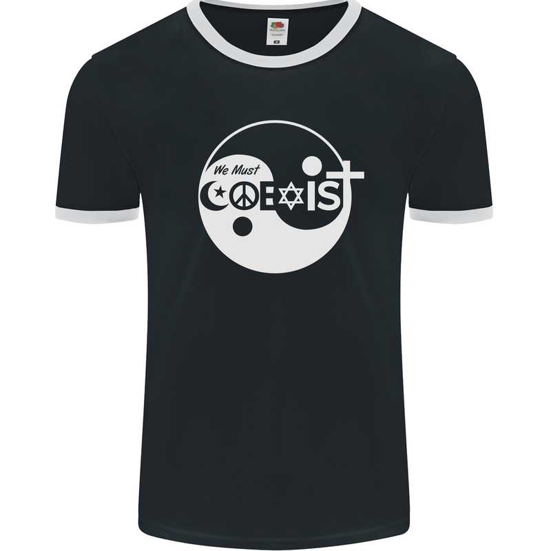We Must Coexist World Peace Love Religion Hippy Mens Ringer T-Shirt FotL Black/White