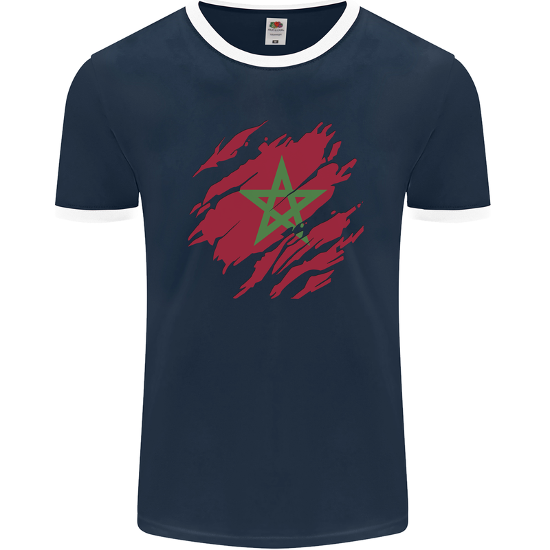 Torn Morocco Flag Moroccan Day Football Mens Ringer T-Shirt FotL Navy Blue/White