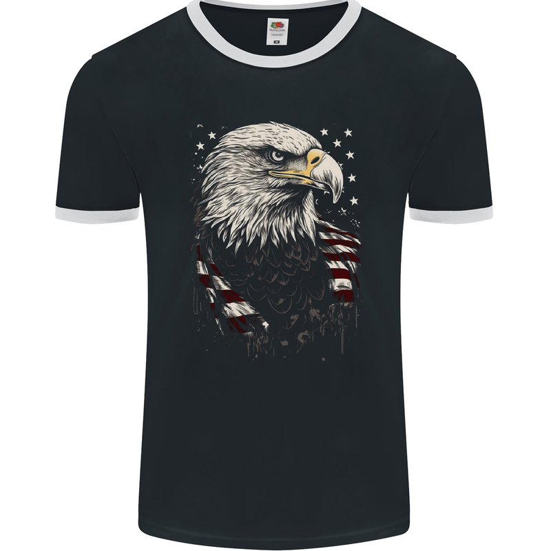 American Eagle With USA Flag Mens Ringer T-Shirt FotL Black/White