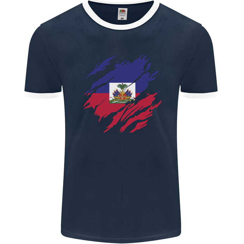 Torn Haiti Flag Haitian Day Football Mens Ringer T-Shirt FotL Navy Blue/White