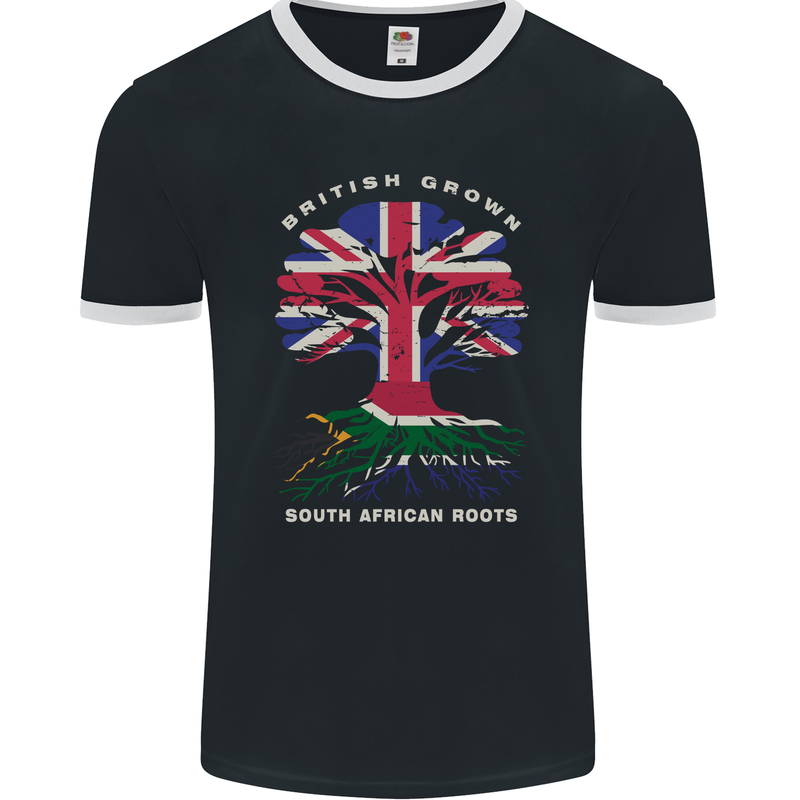 British Grown South African Roots Africa Flag Mens Ringer T-Shirt FotL Black/White