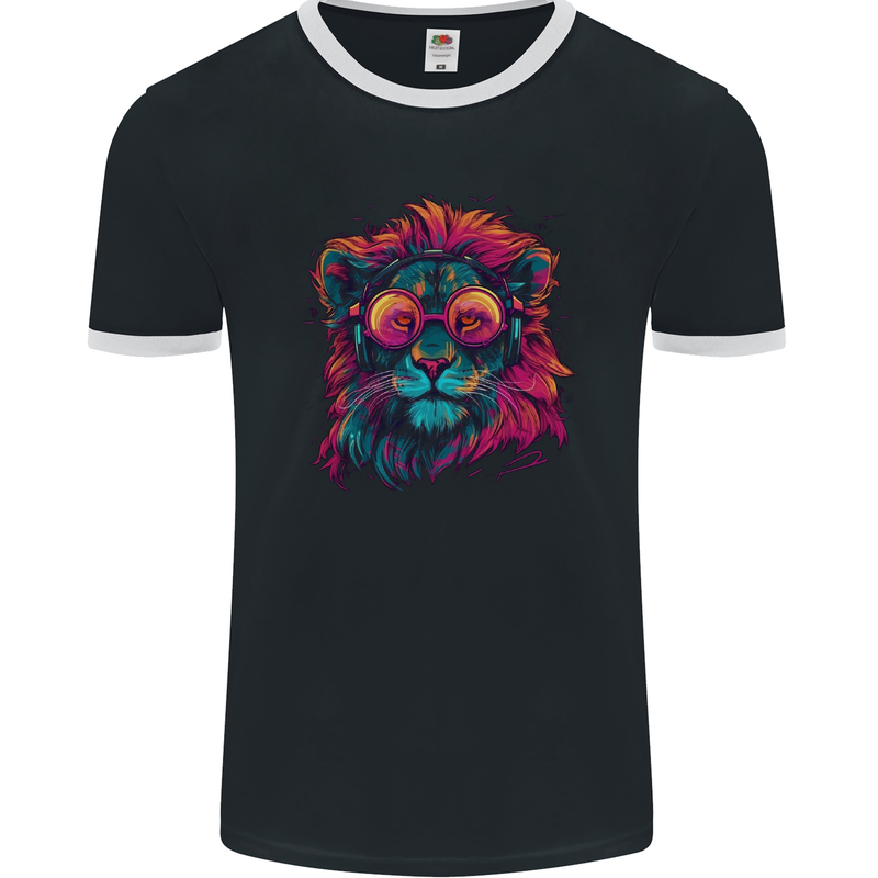 A Retrowave Lion Mens Ringer T-Shirt FotL Black/White