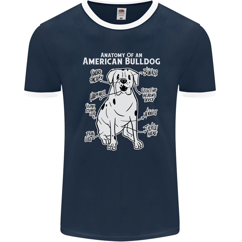 American Bulldog Anatomy Funny Dog Mens Ringer T-Shirt FotL Navy Blue/White
