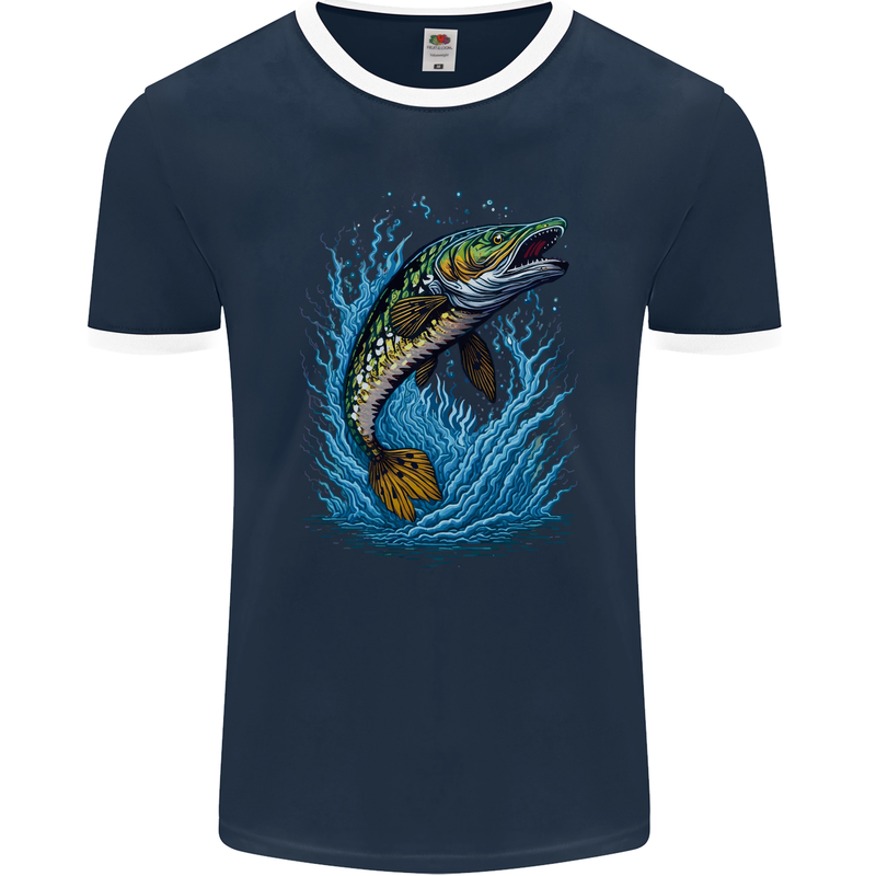 Jumping Pike Fish Fishing Fisherman Mens Ringer T-Shirt FotL Navy Blue/White