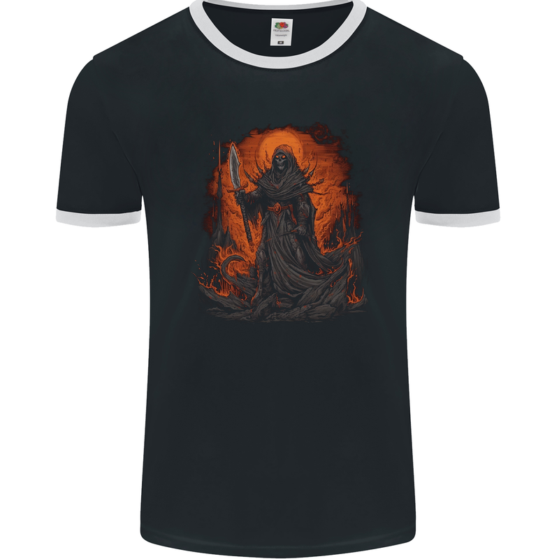 The Grim Reaper in the Depths of Hell Mens Ringer T-Shirt FotL Black/White