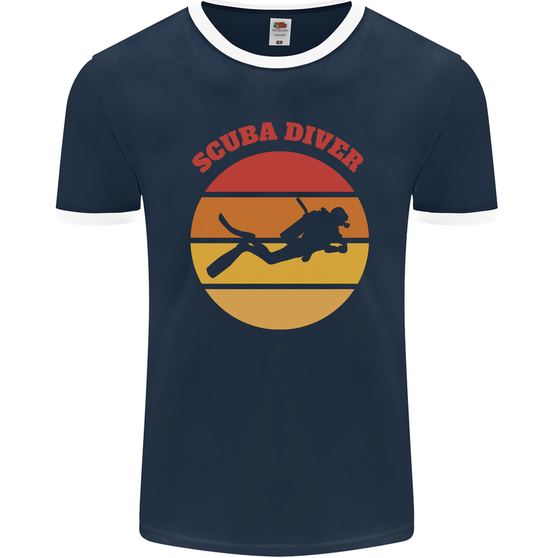 Scuba Diver Silhouette Mens Ringer T-Shirt FotL Navy Blue/White