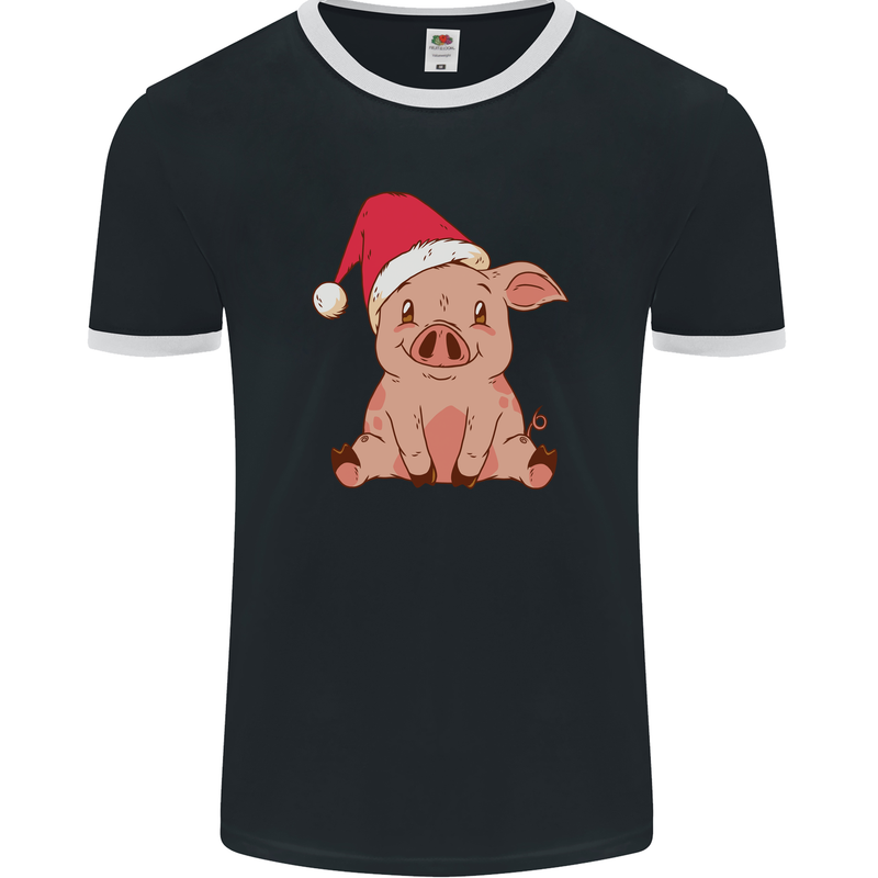 A Happy Christmas Pig Funny Xmas Mens Ringer T-Shirt FotL Black/White