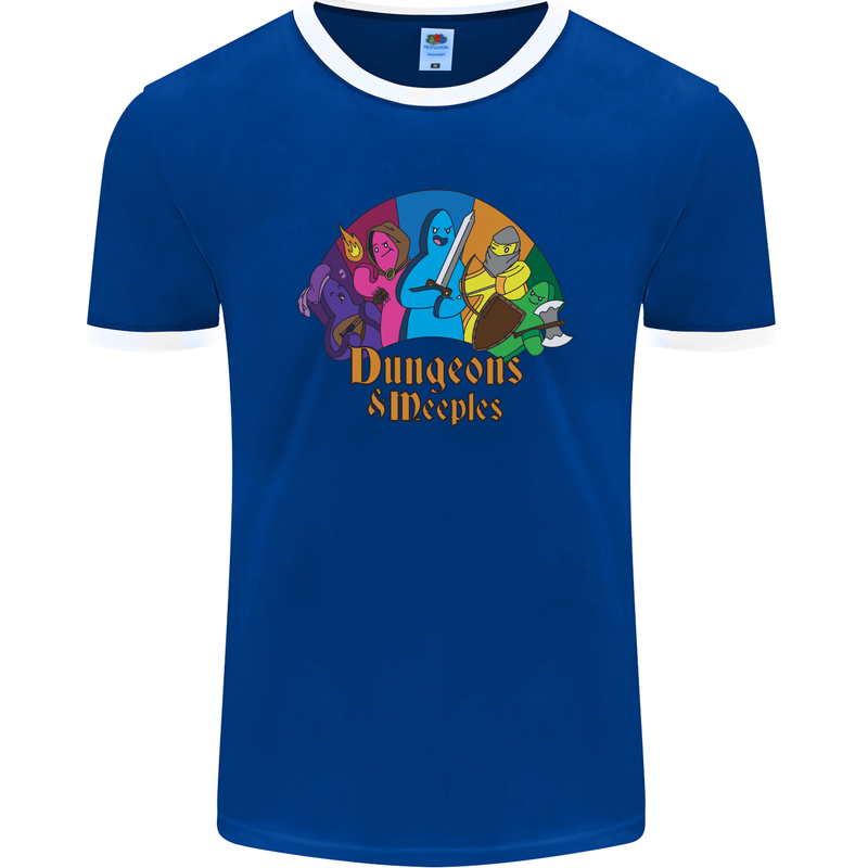 Dungeons n Meeples Role Play Games RPG Mens Ringer T-Shirt FotL Royal Blue/White