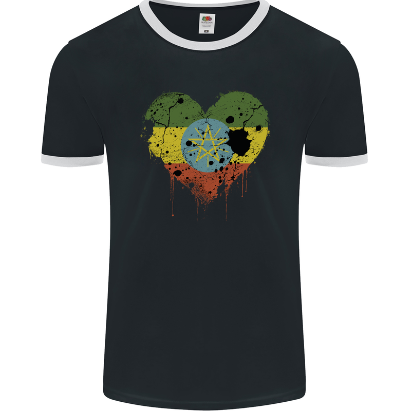 Love Ethiopia Flag Ethiopian Day Football Mens Ringer T-Shirt FotL Black/White