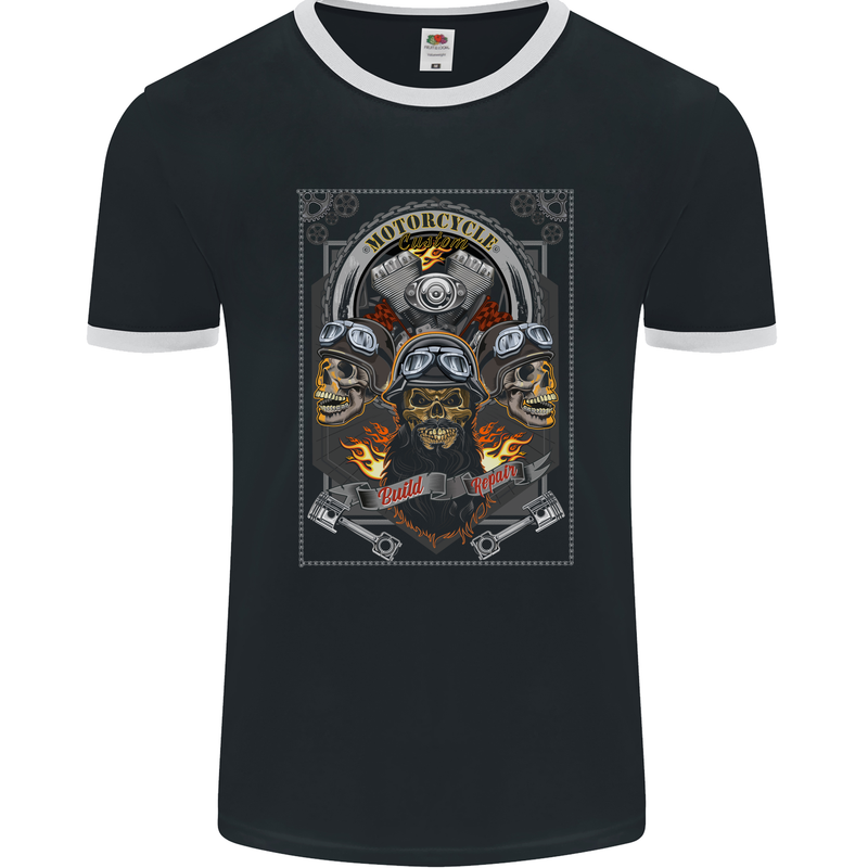 Custom Motorcycle Biker Motorbike Skulls Mens Ringer T-Shirt FotL Black/White