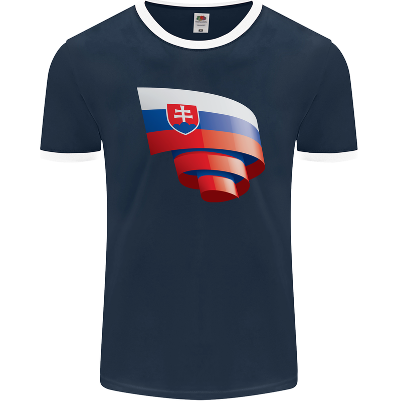 Curled Slovakia Flag Slovakia Day Football Mens Ringer T-Shirt FotL Navy Blue/White