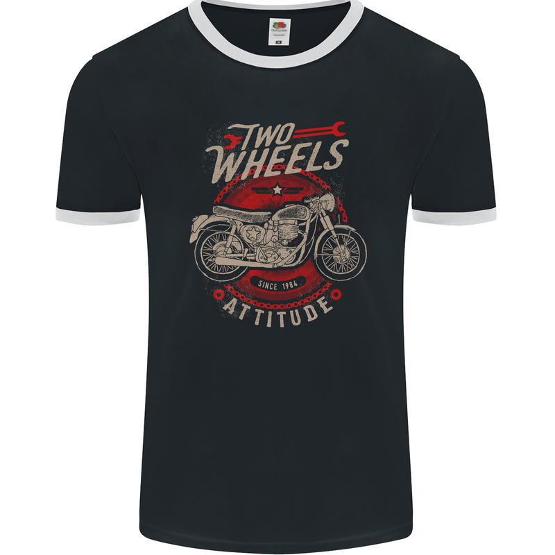 Two Wheels Attitude Biker Motorcycle Motorbike Mens Ringer T-Shirt FotL Black/White