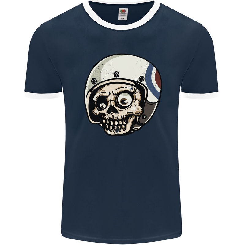 MOD Scooter Skull Motorcycle Biker Mens Ringer T-Shirt FotL Navy Blue/White