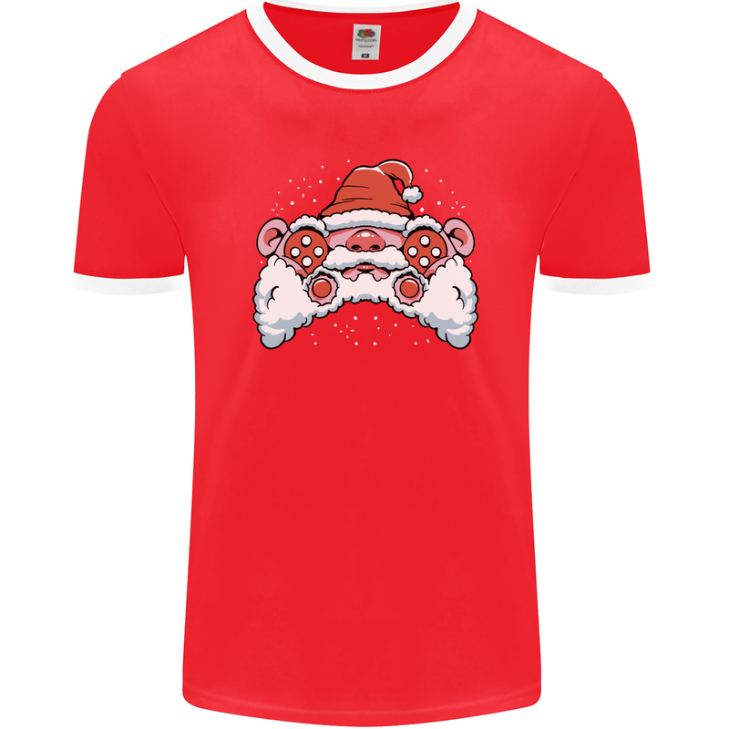 Santa Controller Video Games Gaming Joypad Xmas Mens Ringer T-Shirt FotL Red/White