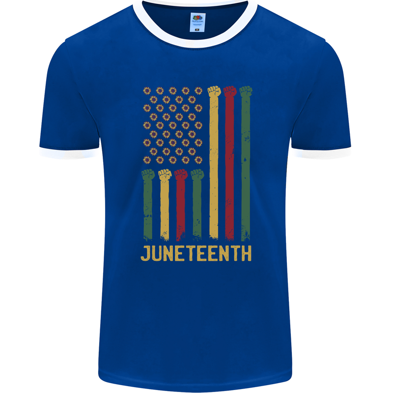 Juneteenth Emancipation Day USA Flag Mens Ringer T-Shirt FotL Royal Blue/White