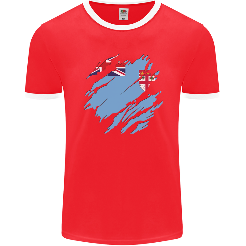 Torn Fiji Flag Fijian Day Football Mens Ringer T-Shirt FotL Red/White