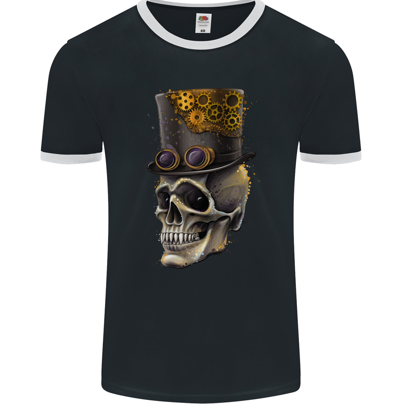 Steampunk Skull Mens Ringer T-Shirt FotL Black/White
