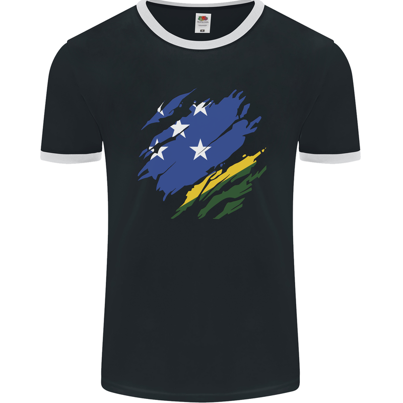 Torn Solomon Islands Flag Day Football Mens Ringer T-Shirt FotL Black/White