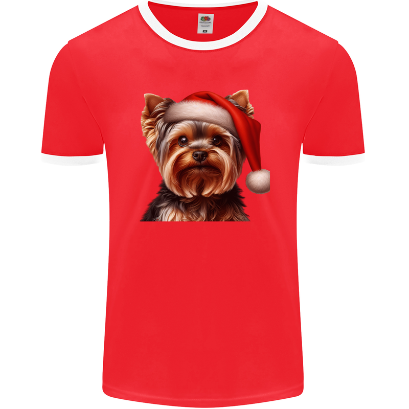 Christmas Yorkshire Terrier Dog Xmas Yorkie Mens Ringer T-Shirt FotL Red/White