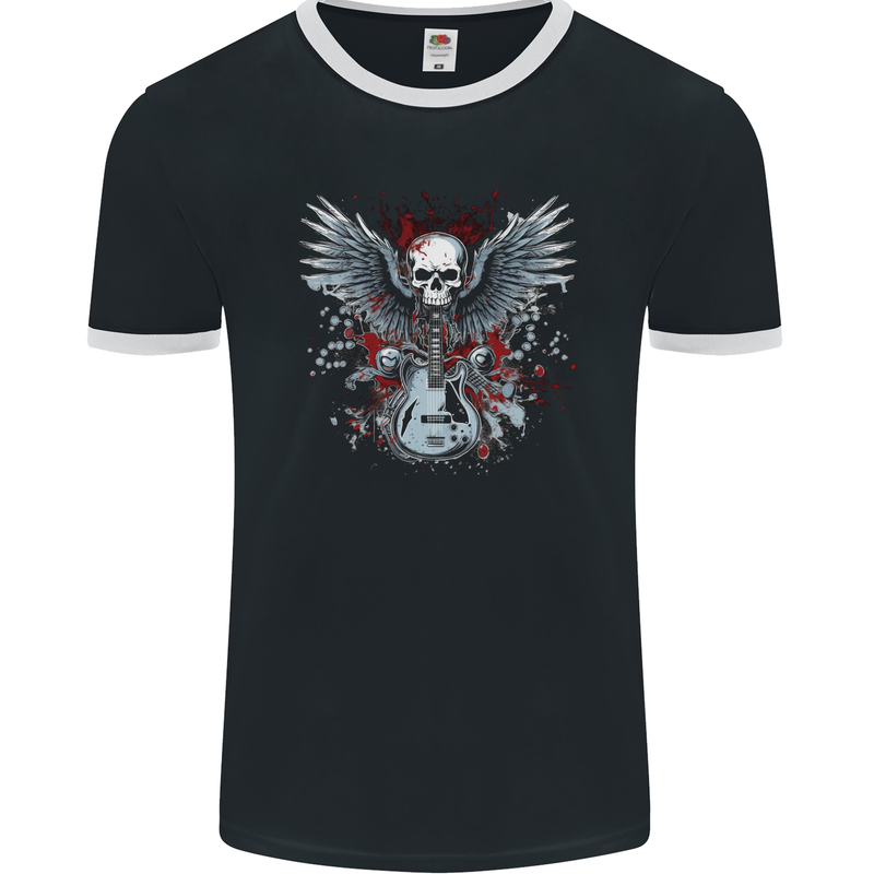 Guitar & Skull Heavy Metal Rock Music Wings Mens Ringer T-Shirt FotL Black/White