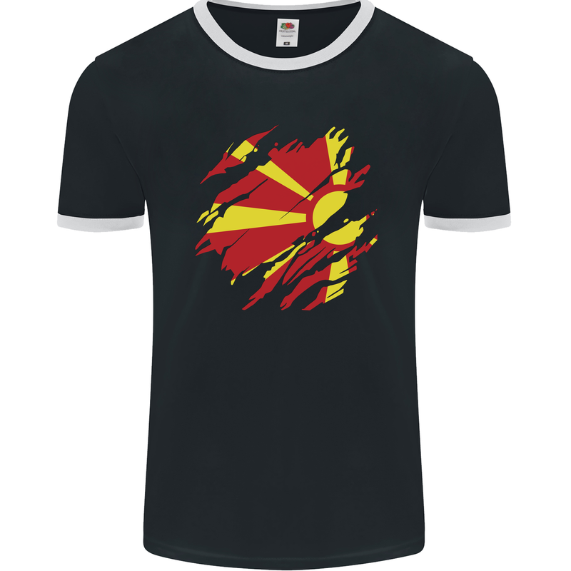 Torn Macedonia Flag Macedonian Day Football Mens Ringer T-Shirt FotL Black/White