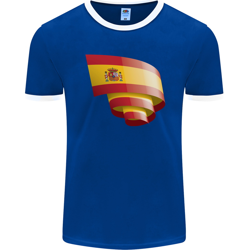Curled Spain Flag Spanish Day Football Mens Ringer T-Shirt FotL Royal Blue/White
