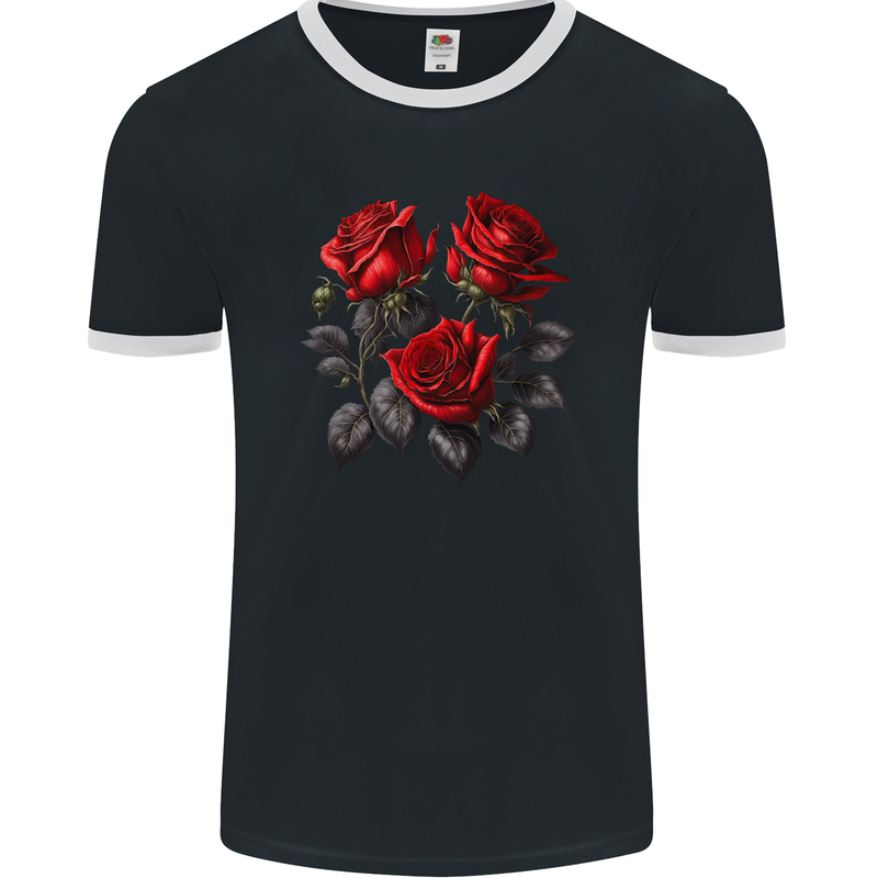 3 Red Roses Gothic Goth Mens Ringer T-Shirt FotL Black/White