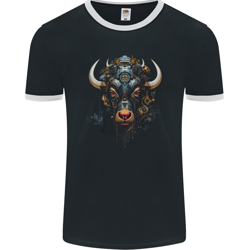 Cyberbull Cyborg Bull Steampunk Fantasy Cow Mens Ringer T-Shirt FotL Black/White