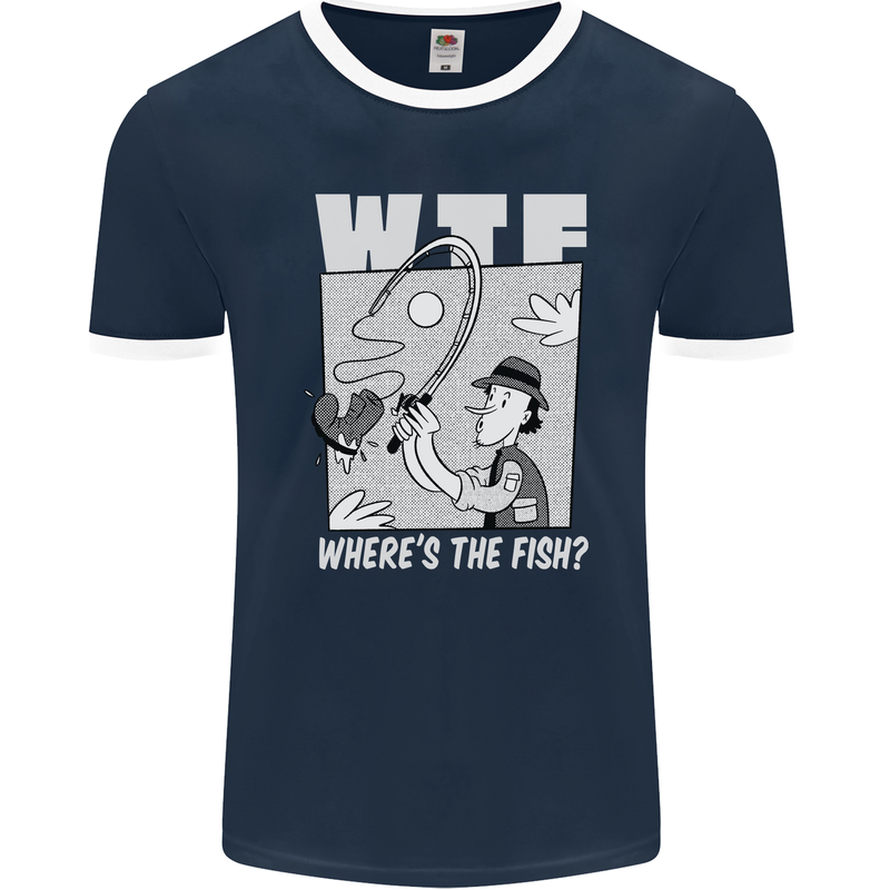 Wheres the Fish WTF Funny Fishing Fisherman Mens Ringer T-Shirt FotL Navy Blue/White