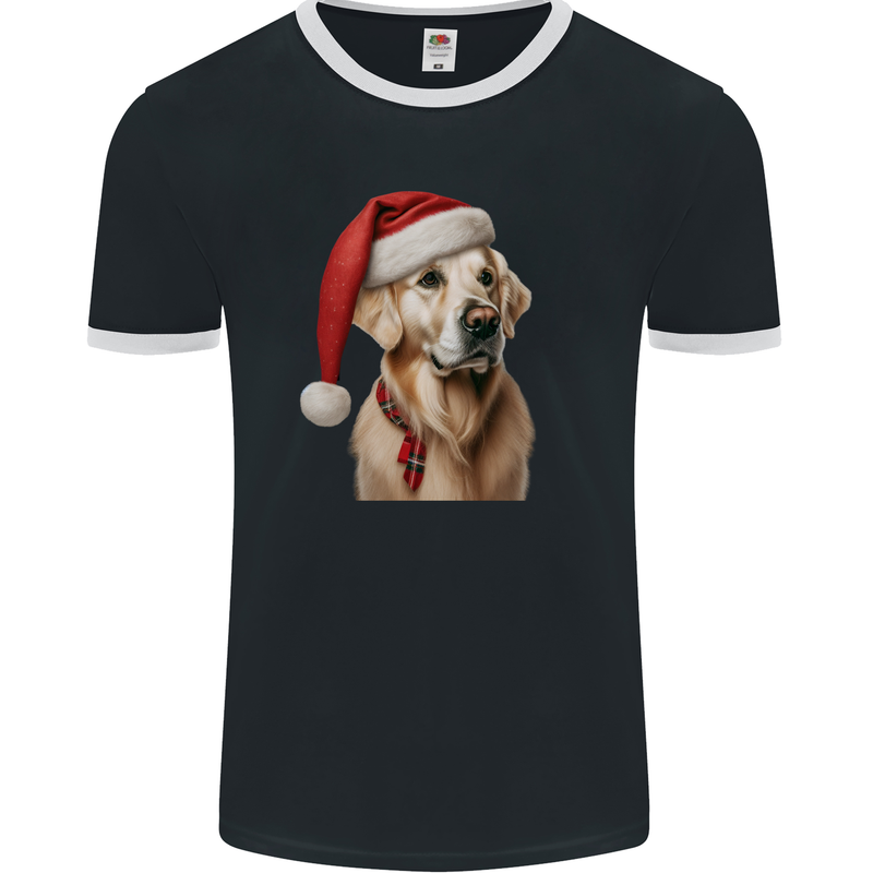 Christmas Golden Retriever Xmas Hat Dog Mens Ringer T-Shirt FotL Black/White