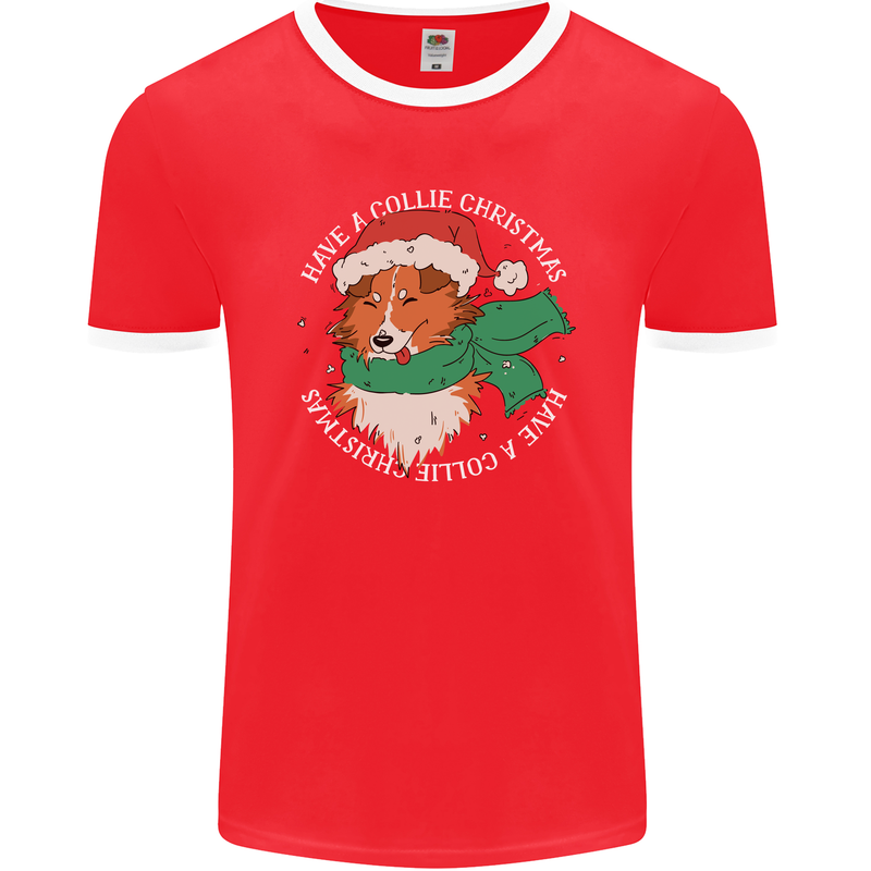 Rough Collie Dog Christmas Xmas Mens Ringer T-Shirt FotL Red/White